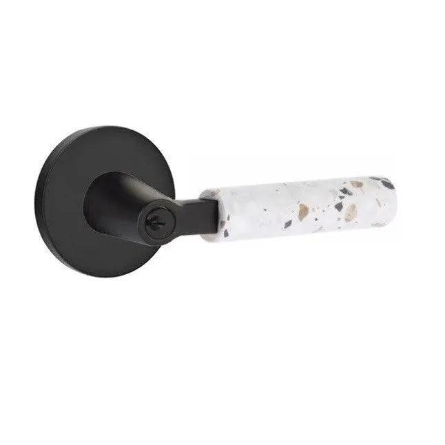 Emtek Select L-Square Terrazzo Lever with Disk Rosette Flat Black