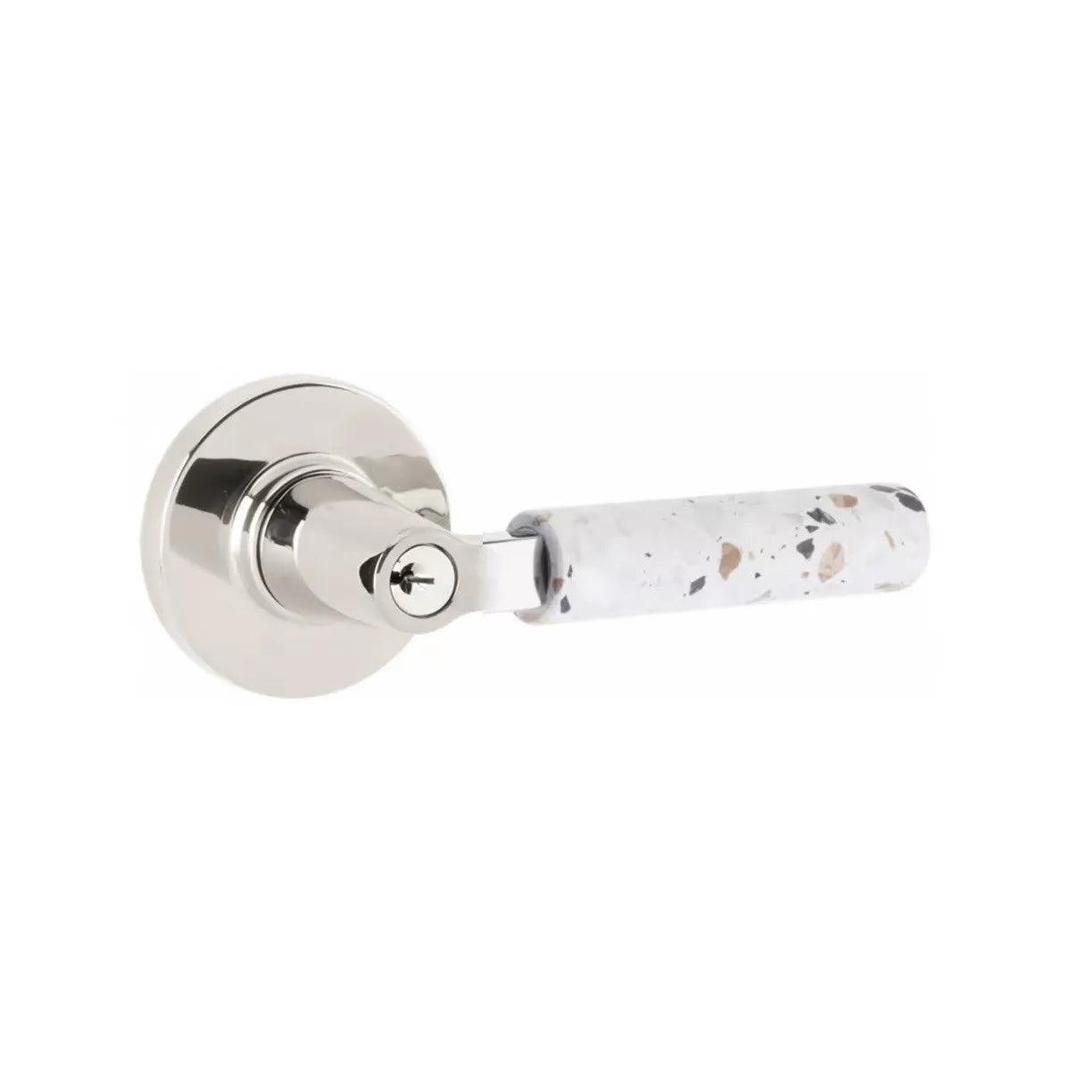 Emtek Select L-Square Terrazzo Lever with Disk Rosette Polished Chrome