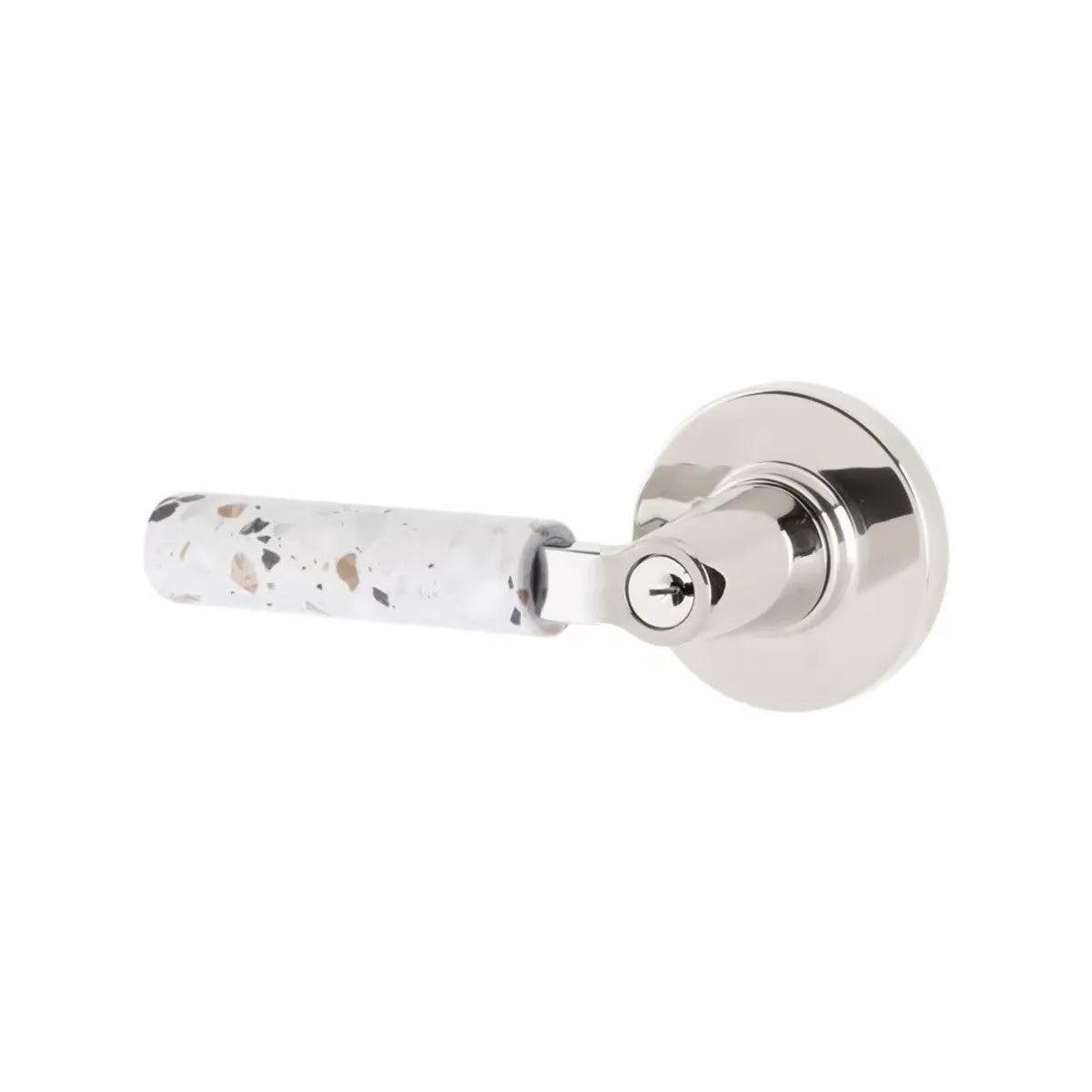 Emtek Select L-Square Terrazzo Lever with Disk Rosette Polished Chrome