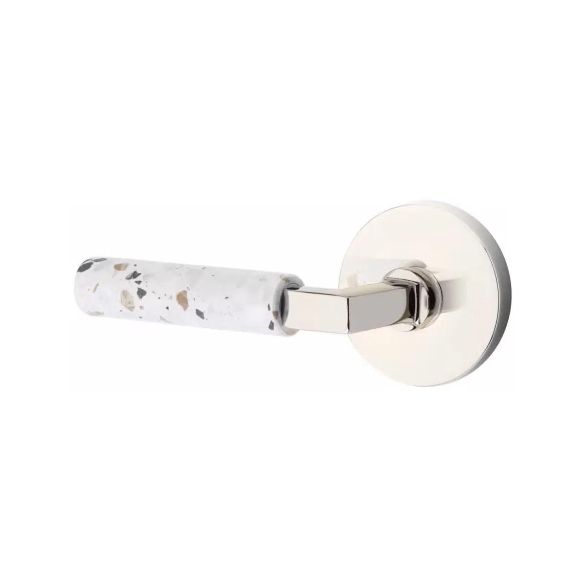 Emtek Select L-Square Terrazzo Lever with Disk Rosette Polished Nickel
