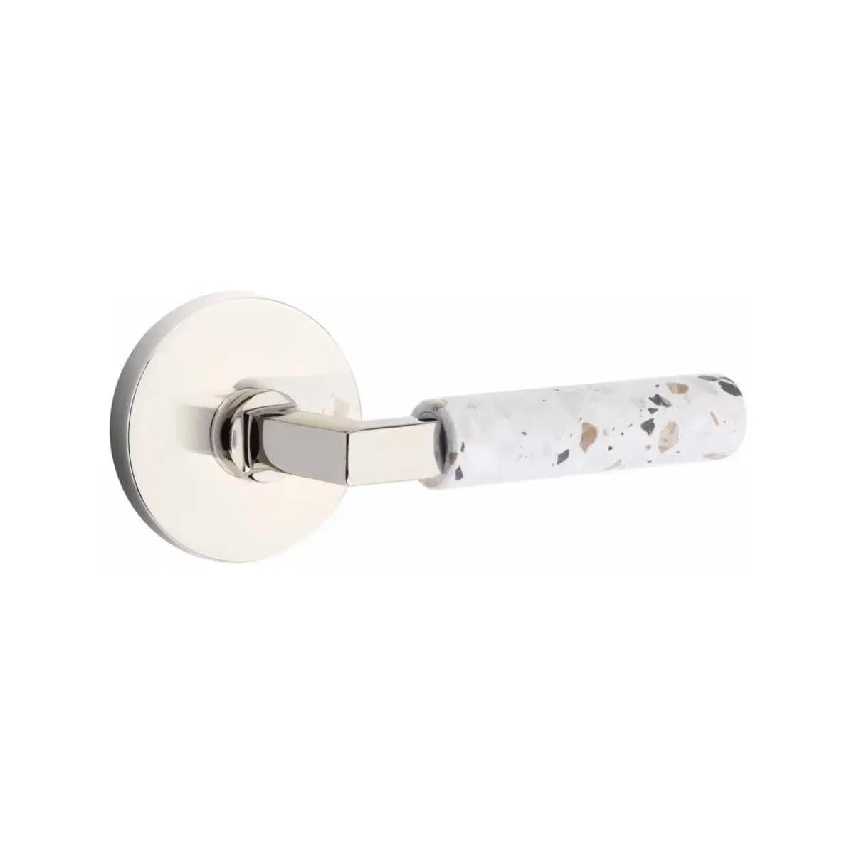 Emtek Select L-Square Terrazzo Lever with Disk Rosette Polished Nickel