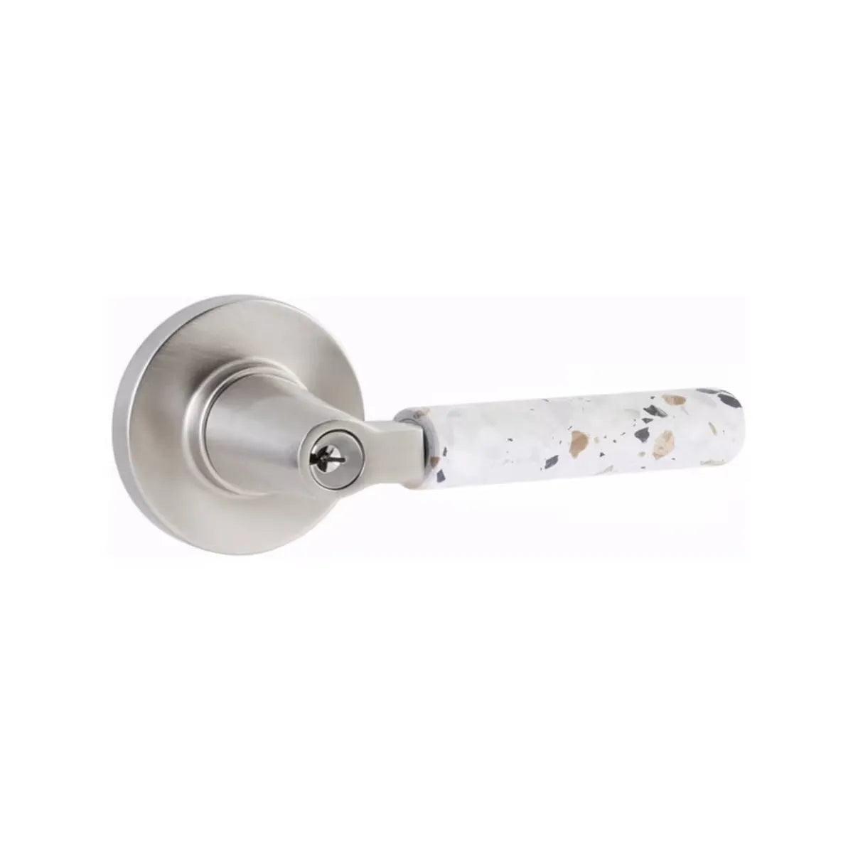 Emtek Select L-Square Terrazzo Lever with Disk Rosette Satin Nickel