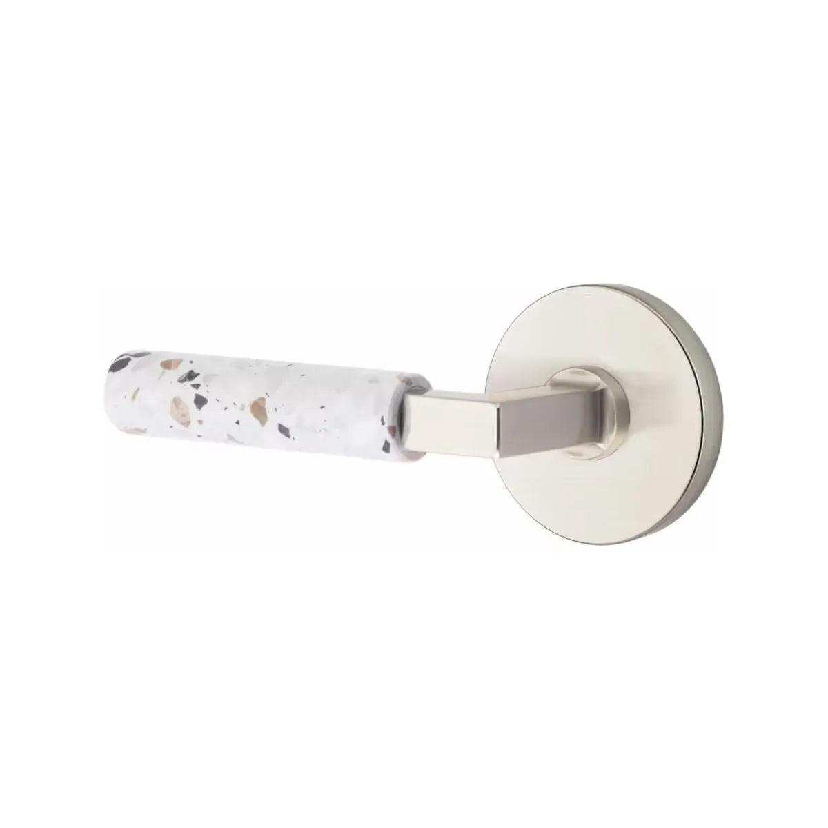 Emtek Select L-Square Terrazzo Lever with Disk Rosette Satin Nickel