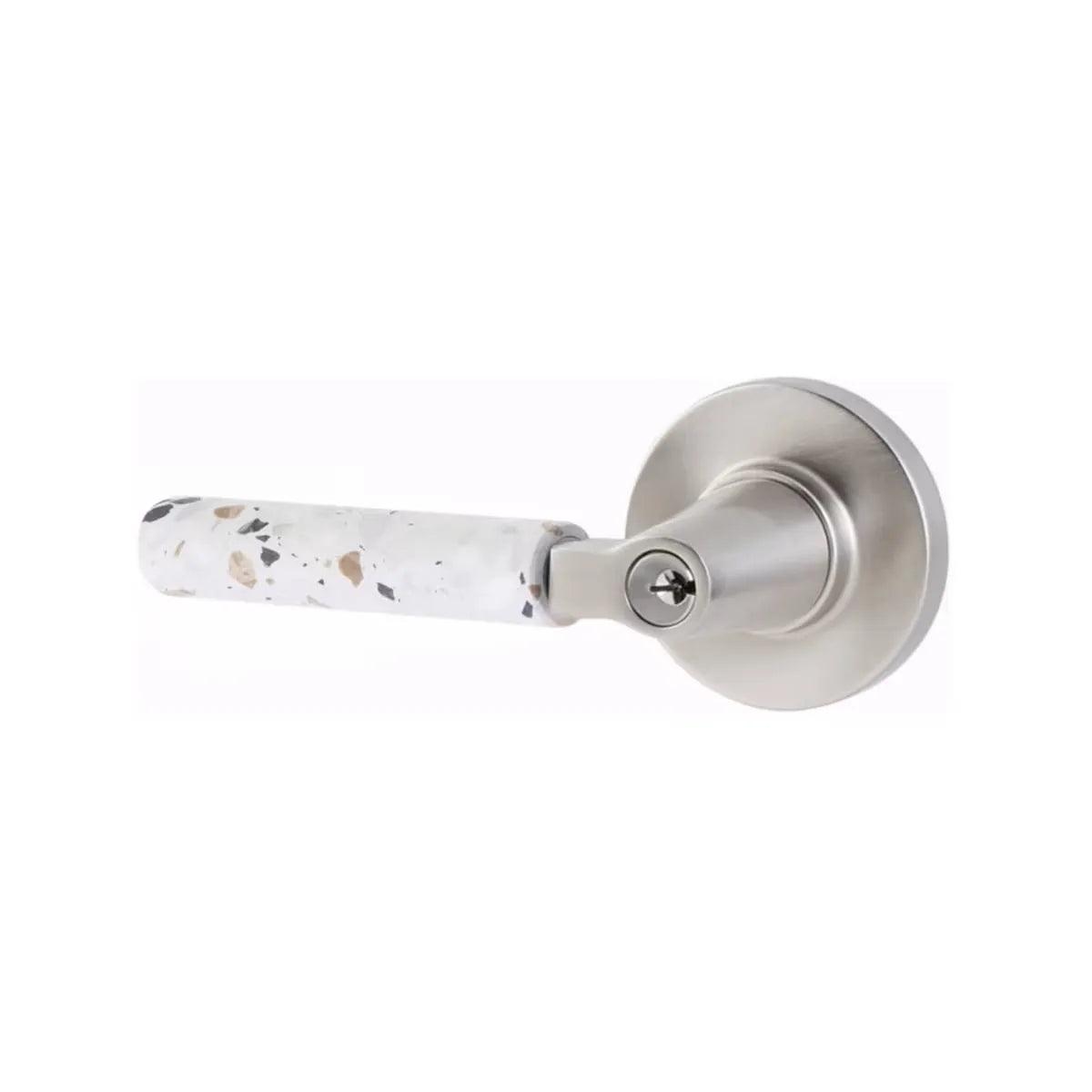 Emtek Select L-Square Terrazzo Lever with Disk Rosette Satin Nickel