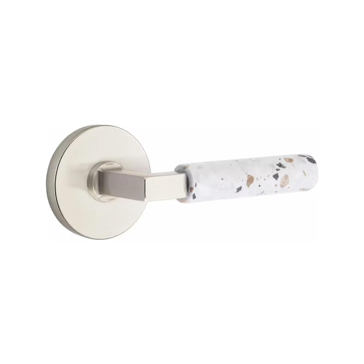 Emtek Select L-Square Terrazzo Lever with Disk Rosette Satin Nickel