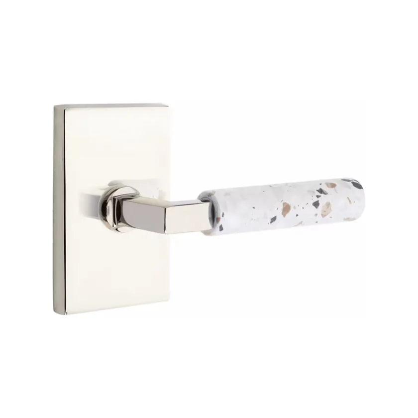 Emtek Select L-Square Terrazzo Lever with Modern Rectangular Rosette Polished Nickel