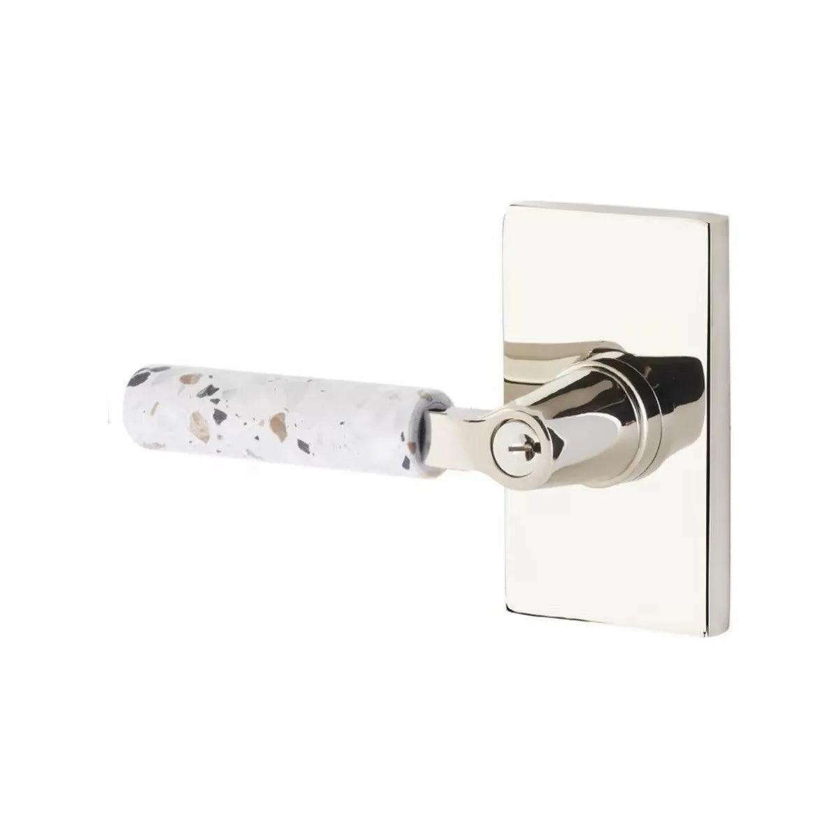 Emtek Select L-Square Terrazzo Lever with Modern Rectangular Rosette Polished Nickel