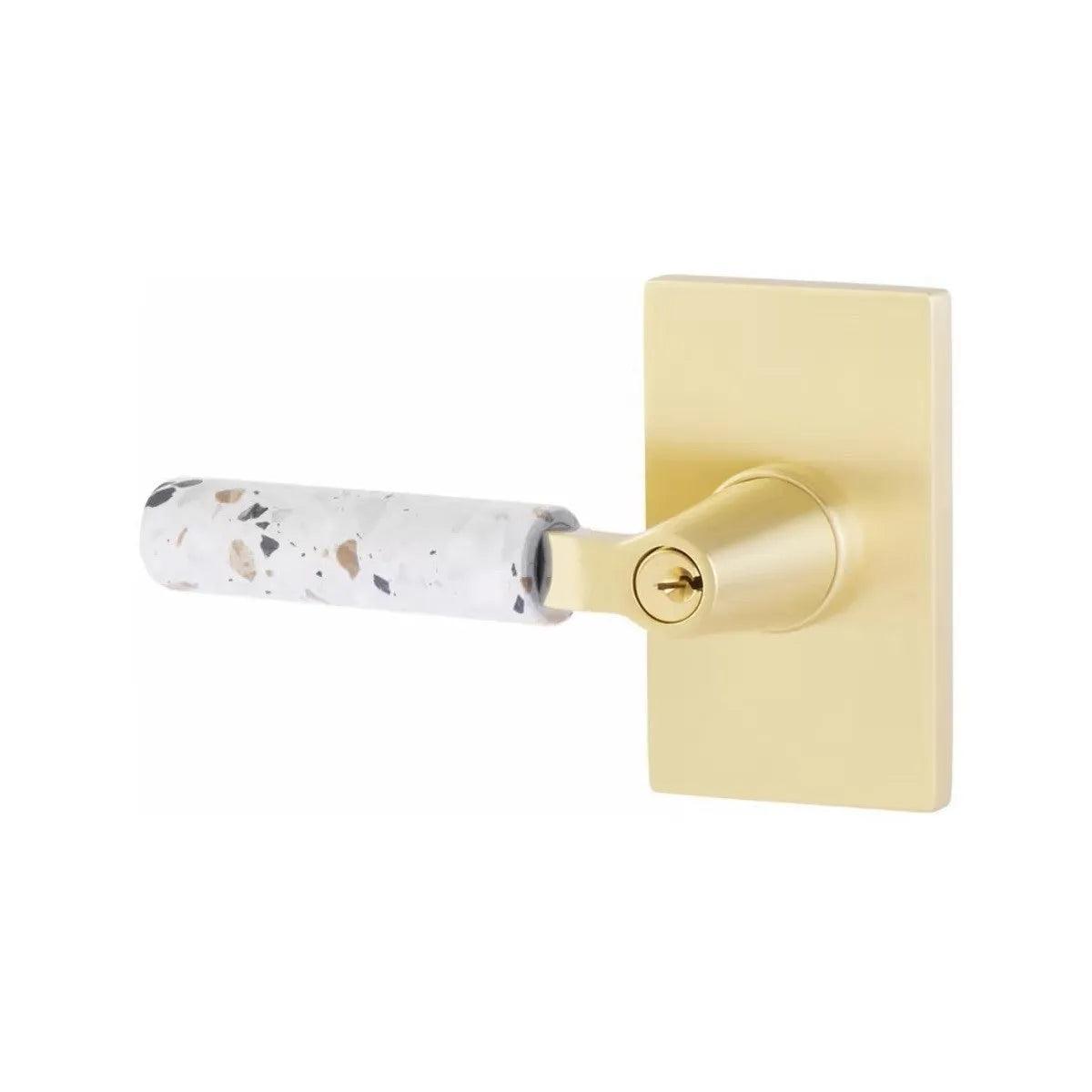 Emtek Select L-Square Terrazzo Lever with Modern Rectangular Rosette Satin Brass