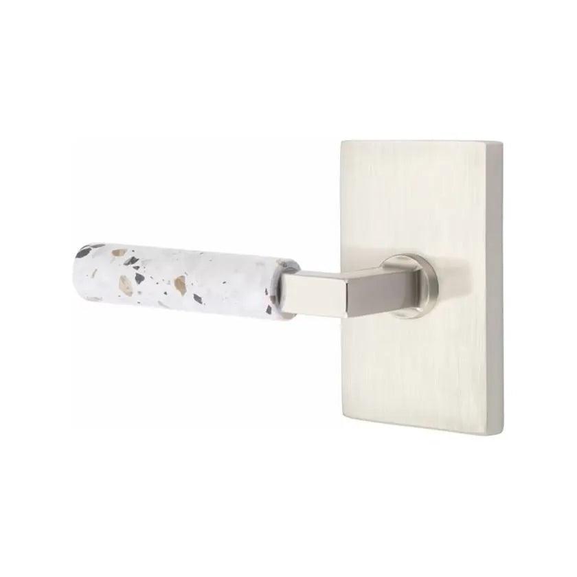 Emtek Select L-Square Terrazzo Lever with Modern Rectangular Rosette Satin Nickel