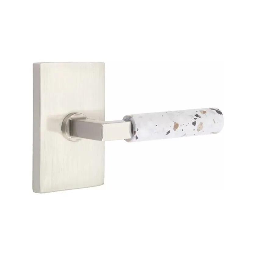 Emtek Select L-Square Terrazzo Lever with Modern Rectangular Rosette Satin Nickel