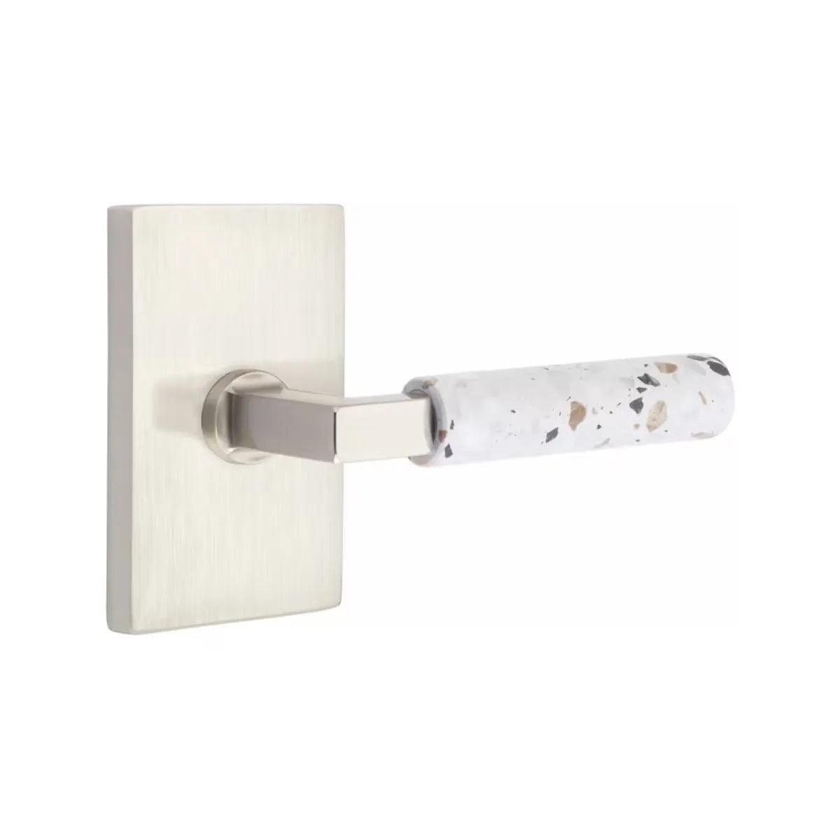 Emtek Select L-Square Terrazzo Lever with Modern Rectangular Rosette Satin Nickel