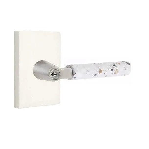 Emtek Select L-Square Terrazzo Lever with Modern Rectangular Rosette Satin Nickel