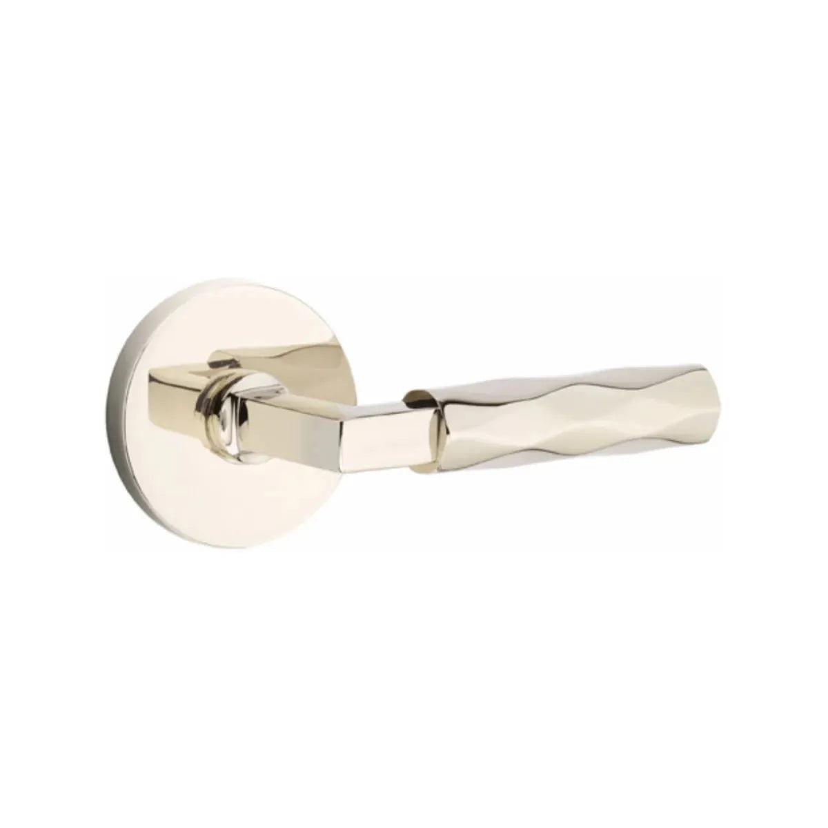 Emtek Select L-Square Tribeca Lever with Disk Rosette in Lifetime Polished Nickel finish