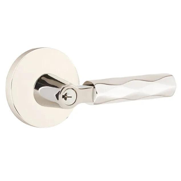 Emtek Select L-Square Tribeca Lever with Disk Rosette in Lifetime Polished Nickel finish