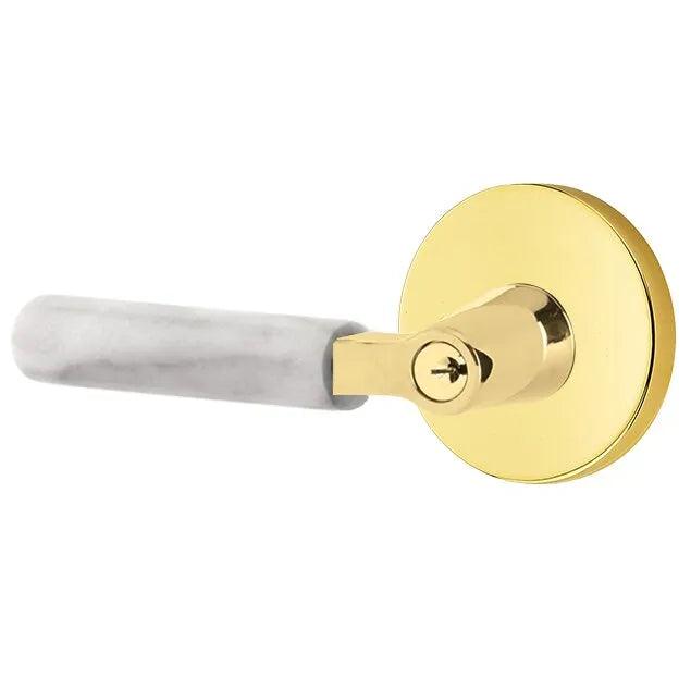 Emtek Select L-Square White Marble Lever with Disk Rosette Unlacquered Brass