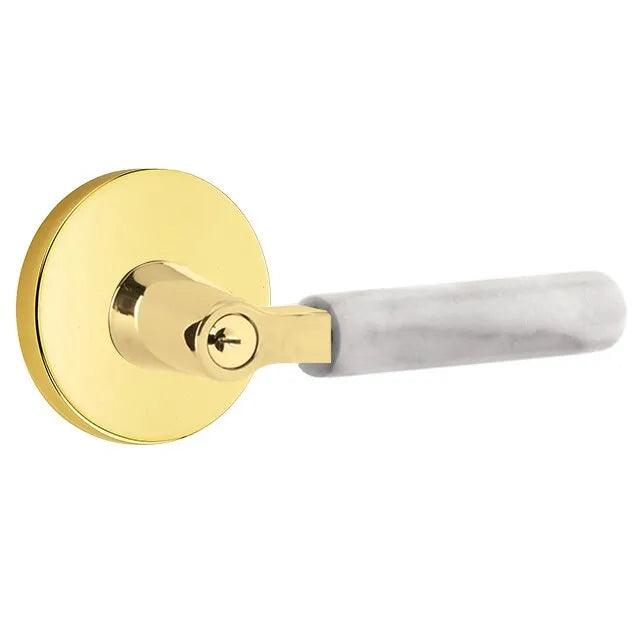 Emtek Select L-Square White Marble Lever with Disk Rosette Unlacquered Brass