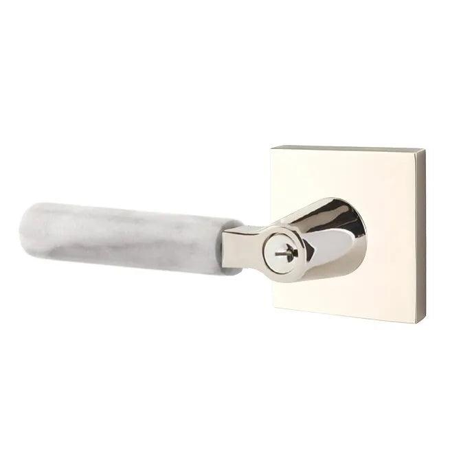 Emtek Select L-Square White Marble Lever with Square Rosette Lifetime Polished Nickel