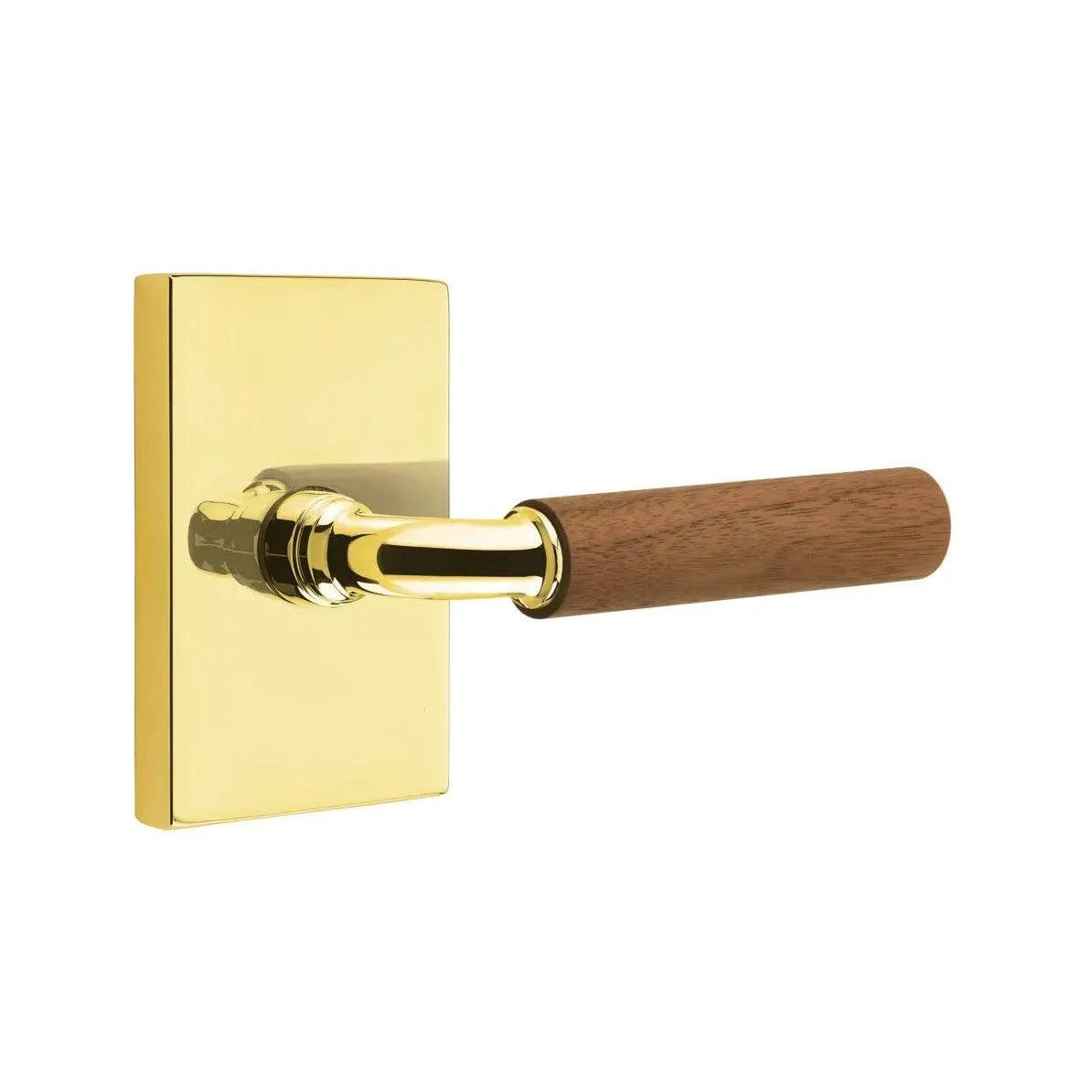 Emtek Select R-Bar Dark Walnut Lever with Modern Rectangular Rosette Unlacquered Brass