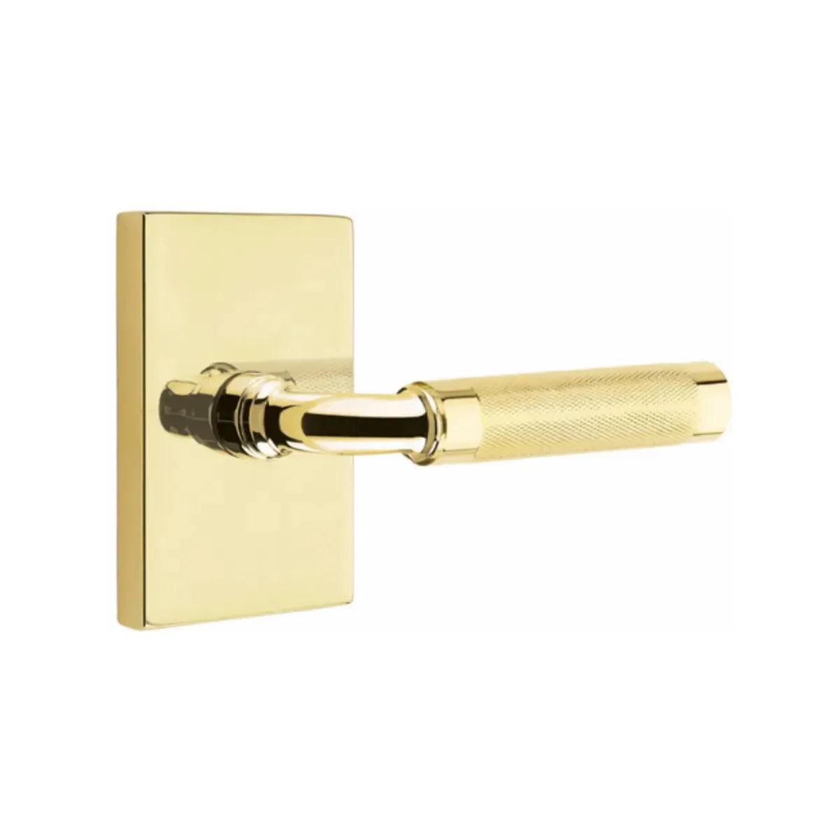 Emtek Select R-Bar Knurled Lever with Modern Rectangular Rosette Unlacquered Brass