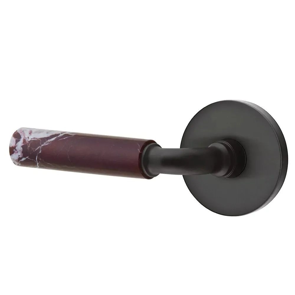 The Emtek Select R-Bar Rosso Levanto Marble Lever with Disk Rosette in Flat Black finish.