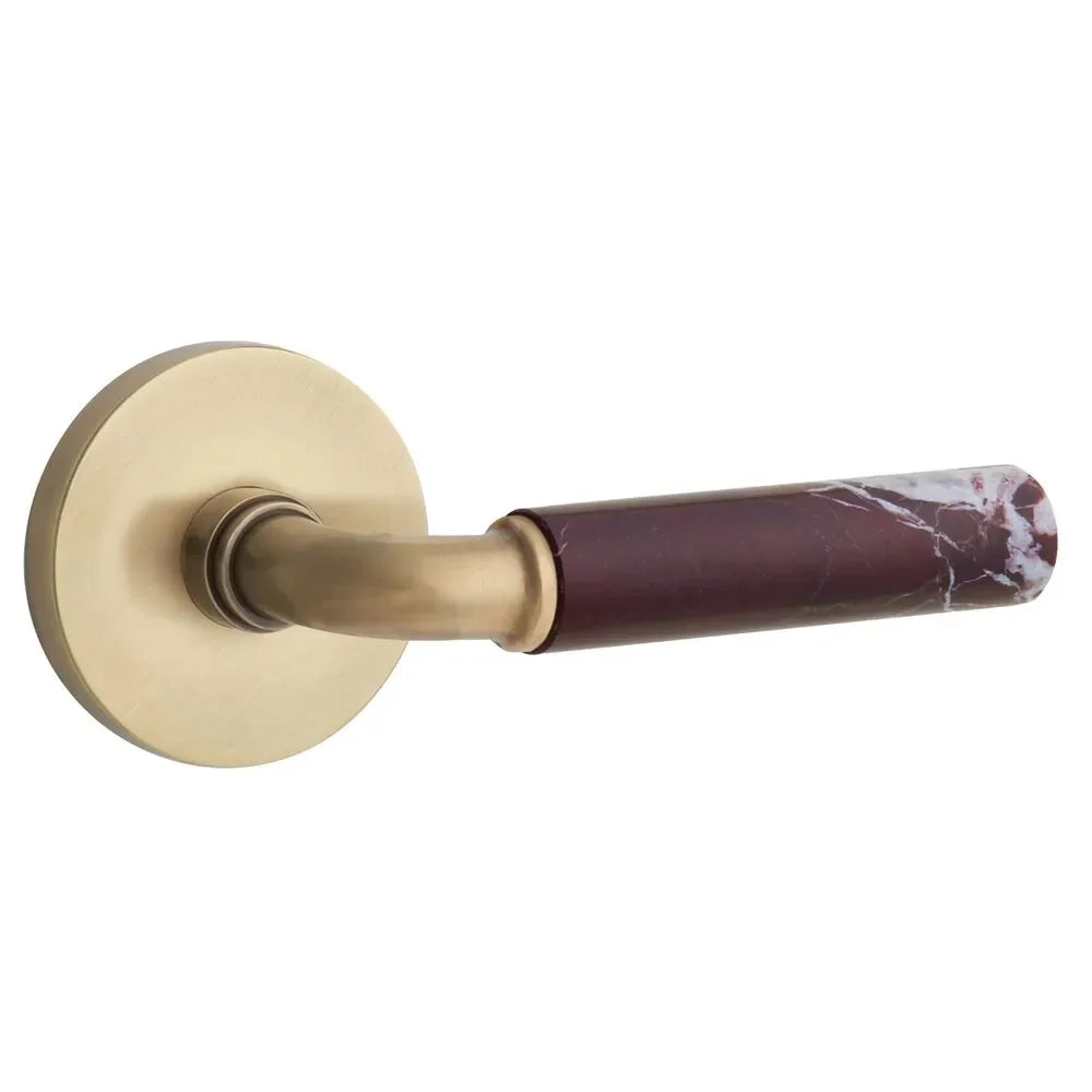 The Emtek Select R-Bar Rosso Levanto Marble Lever with Disk Rosette in French Antique finish.