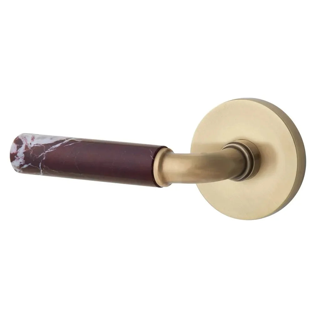 The Emtek Select R-Bar Rosso Levanto Marble Lever with Disk Rosette in French Antique finish.