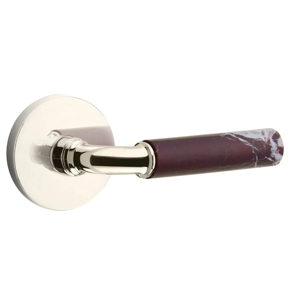 The Emtek Select R-Bar Rosso Levanto Marble Lever with Disk Rosette in Lifetime Polished Nickel finish.