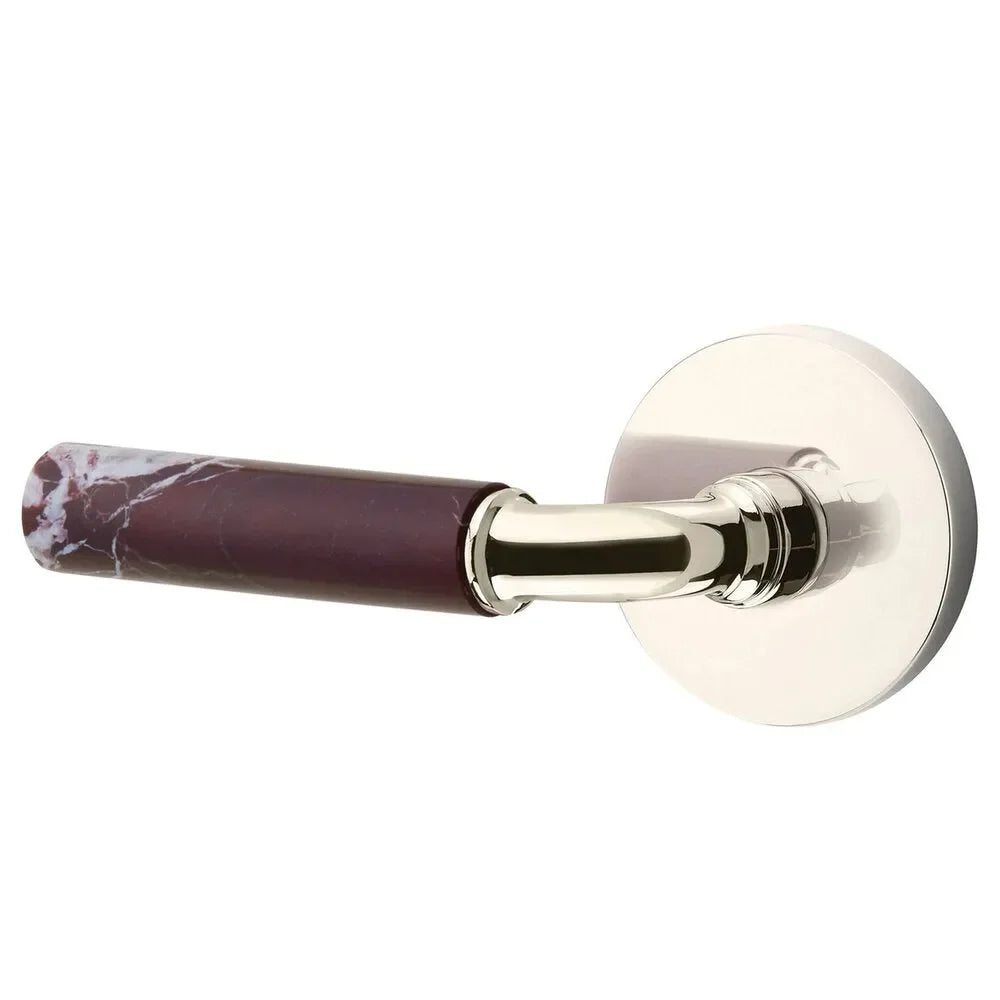 The Emtek Select R-Bar Rosso Levanto Marble Lever with Disk Rosette in Lifetime Polished Nickel finish.