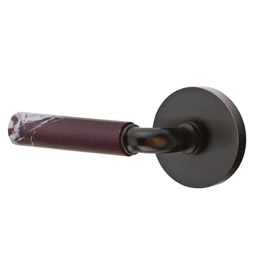 The Emtek Select R-Bar Rosso Levanto Marble Lever with Disk Rosette in Oil Rubbed Bronze finish.