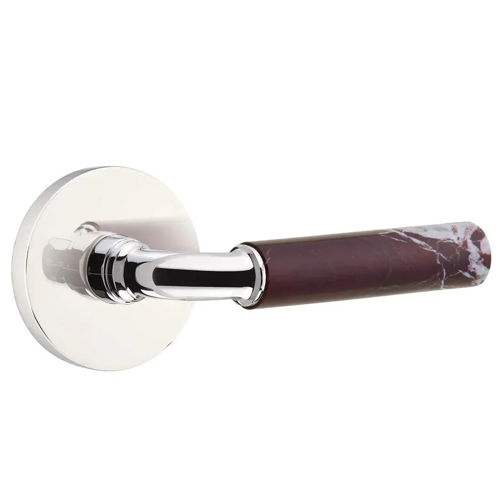 The Emtek Select R-Bar Rosso Levanto Marble Lever with Disk Rosette in Polished Chrome finish.