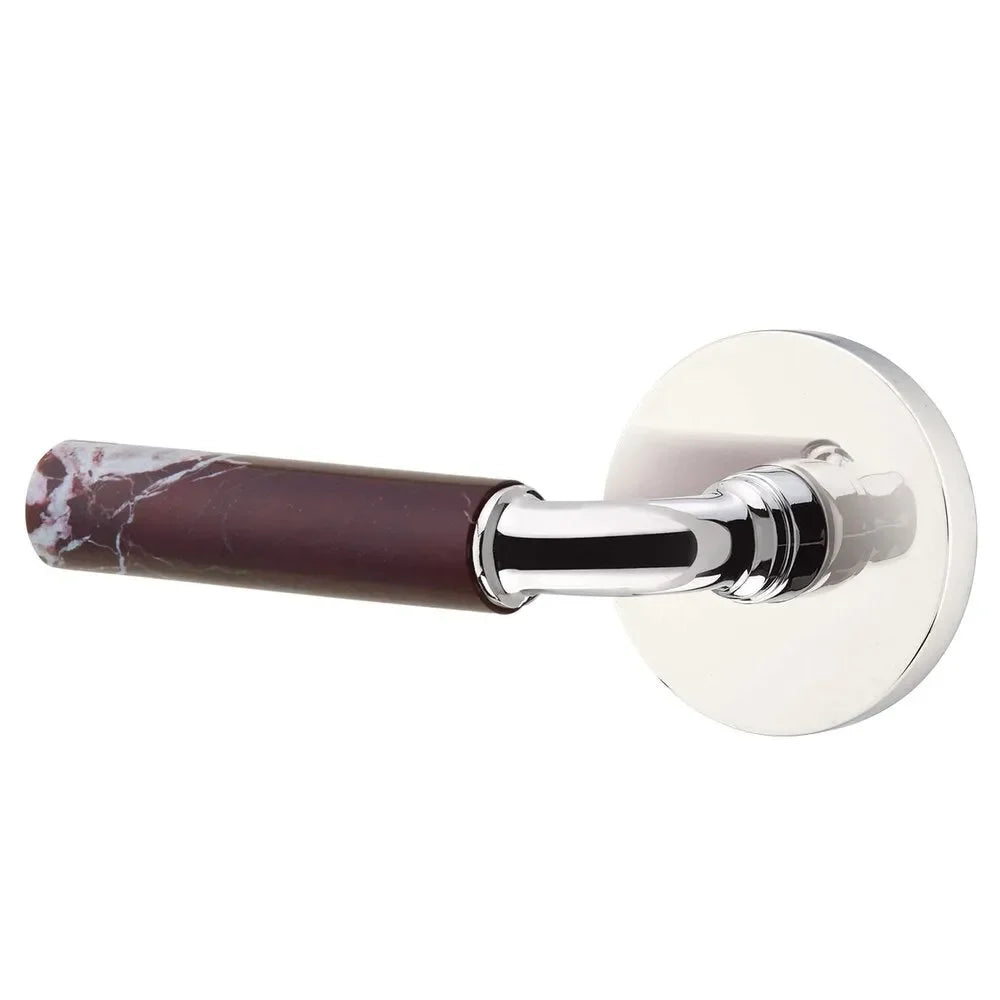 The Emtek Select R-Bar Rosso Levanto Marble Lever with Disk Rosette in Polished Chrome finish.