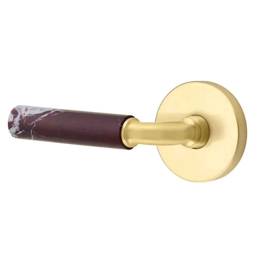 The Emtek Select R-Bar Rosso Levanto Marble Lever with Disk Rosette in Satin Brass finish.