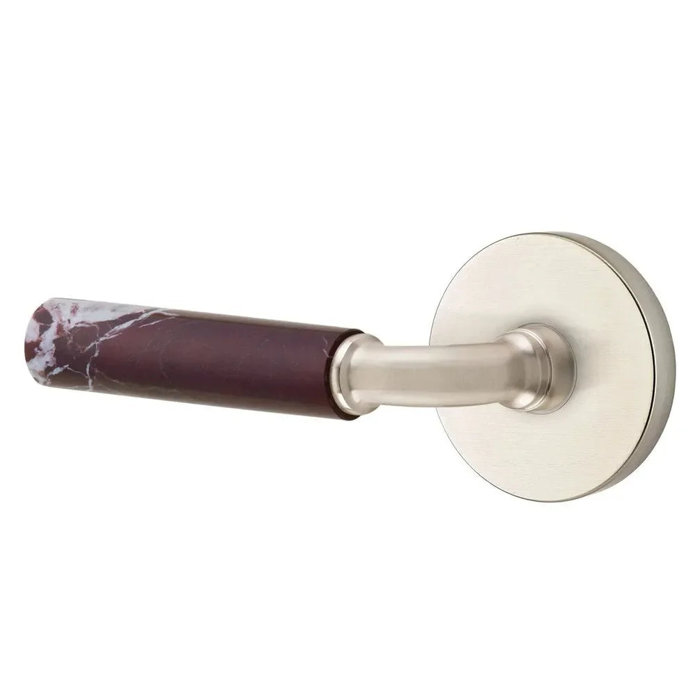 The Emtek Select R-Bar Rosso Levanto Marble Lever with Disk Rosette in Satin Nickel finish.
