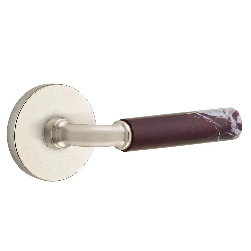 The Emtek Select R-Bar Rosso Levanto Marble Lever with Disk Rosette in Satin Nickel finish.