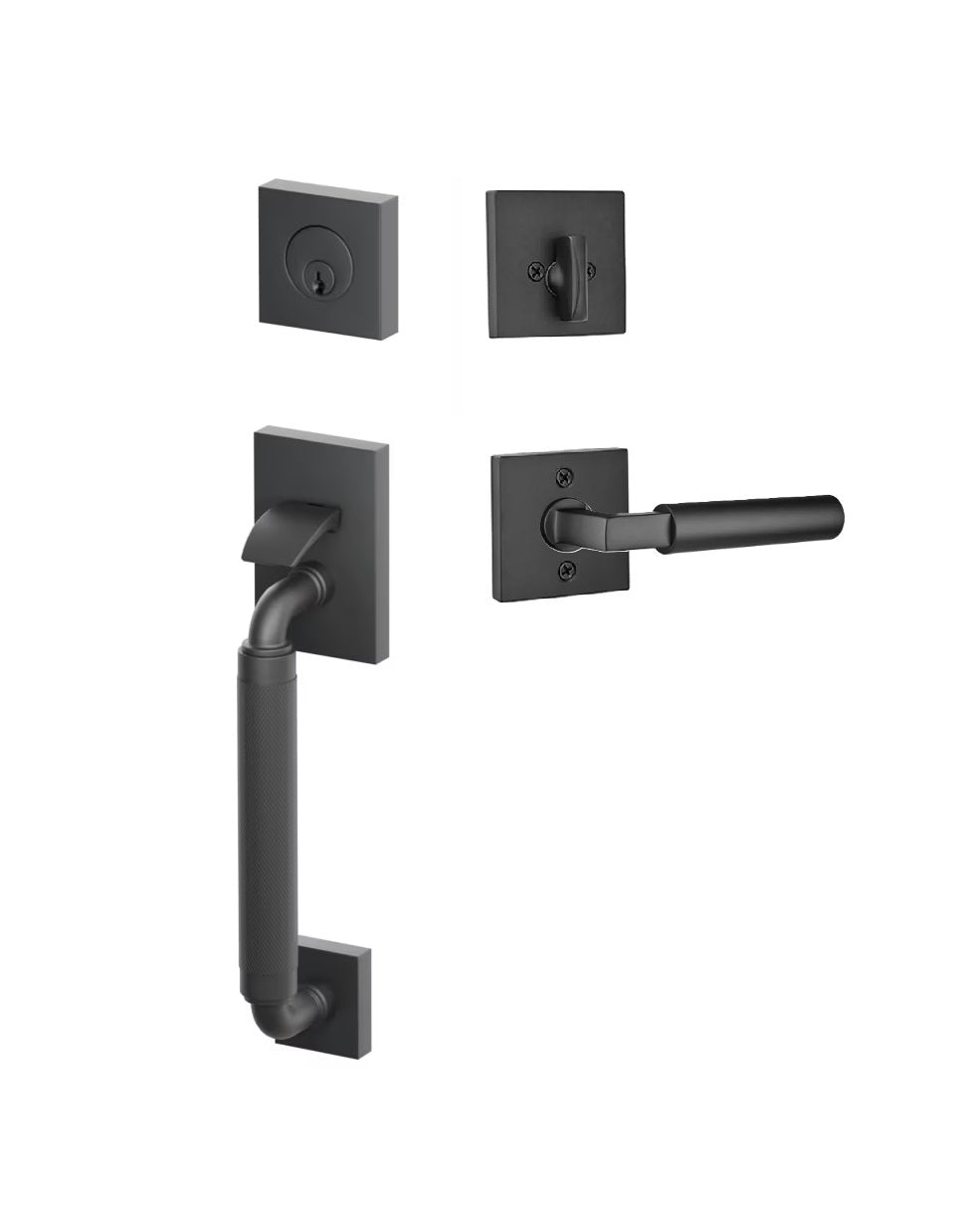 Emtek SELECT R-Bar Stem, Knurled Grip Sectional Tubular Entry Set with Hercules Lever in Flat Black finish