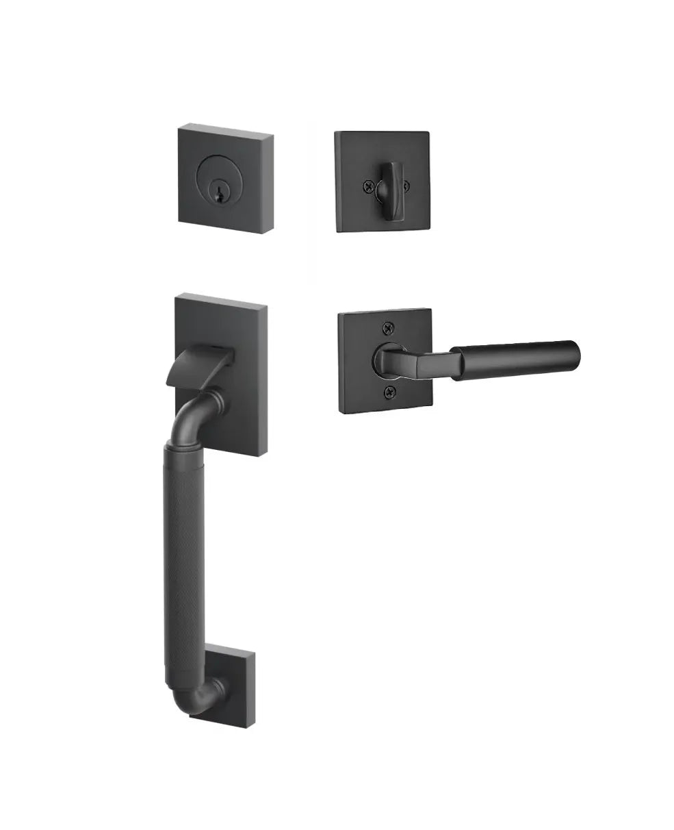 Emtek SELECT R-Bar Stem, Knurled Grip Sectional Tubular Entry Set with Hercules Lever in Flat Black finish