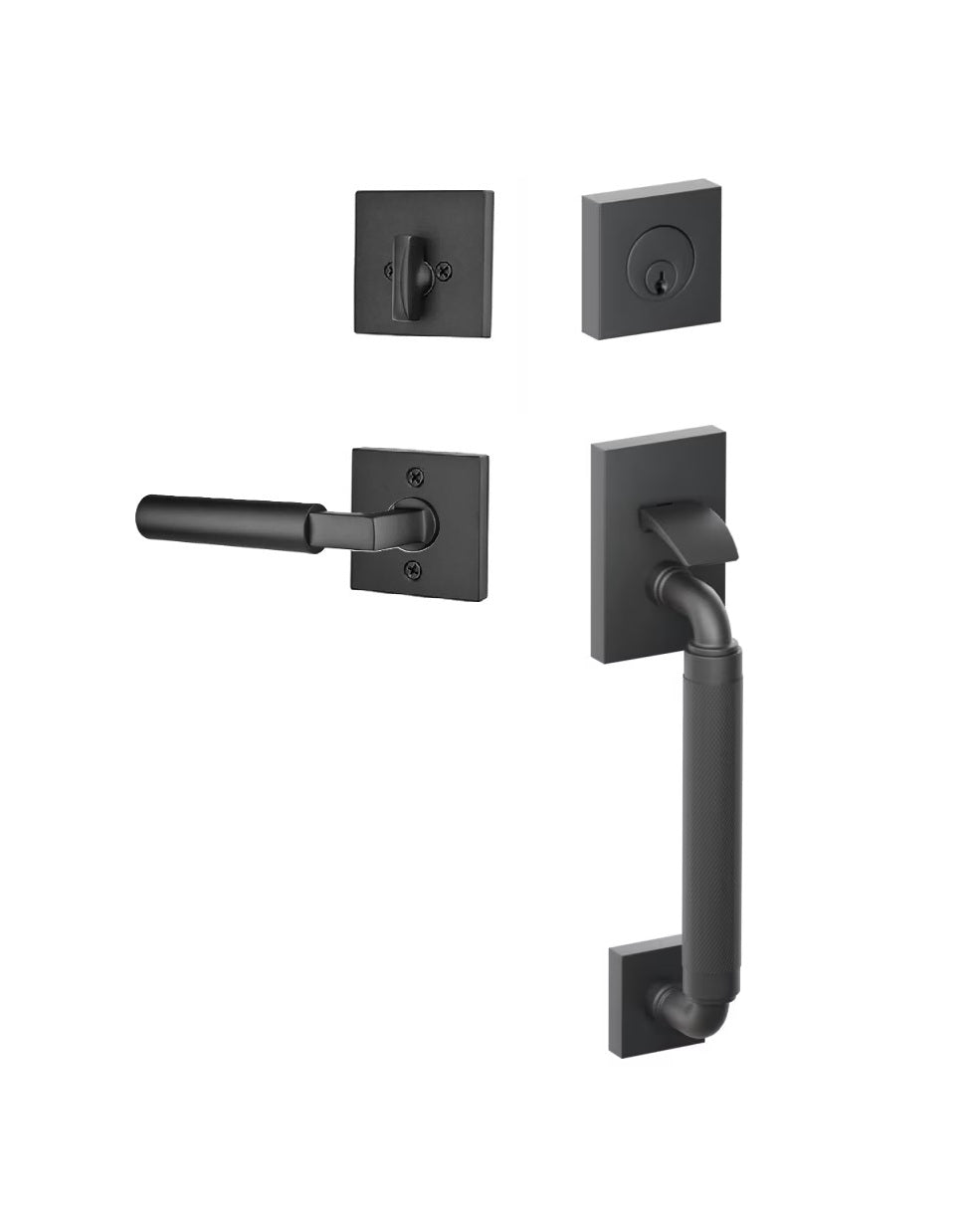 Emtek SELECT R-Bar Stem, Knurled Grip Sectional Tubular Entry Set with Hercules Lever in Flat Black finish