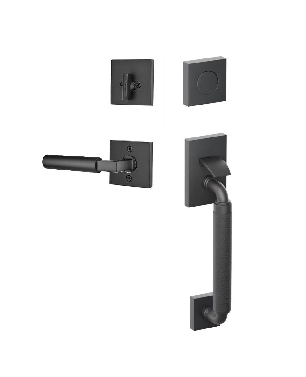 Emtek SELECT R-Bar Stem, Knurled Grip Sectional Tubular Entry Set with Hercules Lever in Flat Black finish