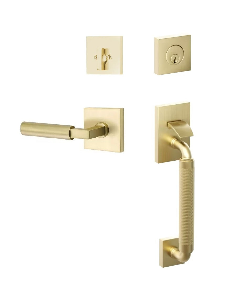 Emtek SELECT R-Bar Stem, Knurled Grip Sectional Tubular Entry Set with Hercules Lever in Satin Brass finish