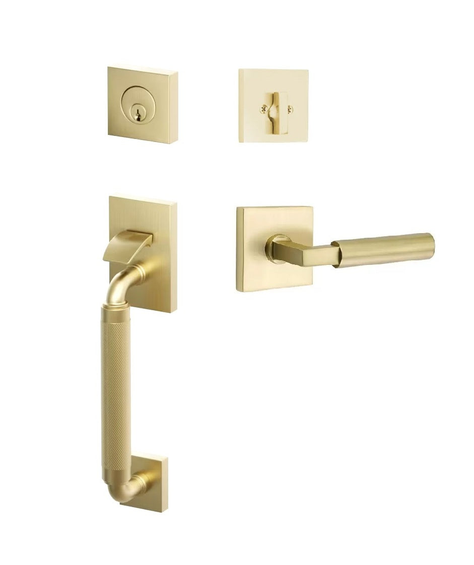 Emtek SELECT R-Bar Stem, Knurled Grip Sectional Tubular Entry Set with Hercules Lever in Satin Brass finish