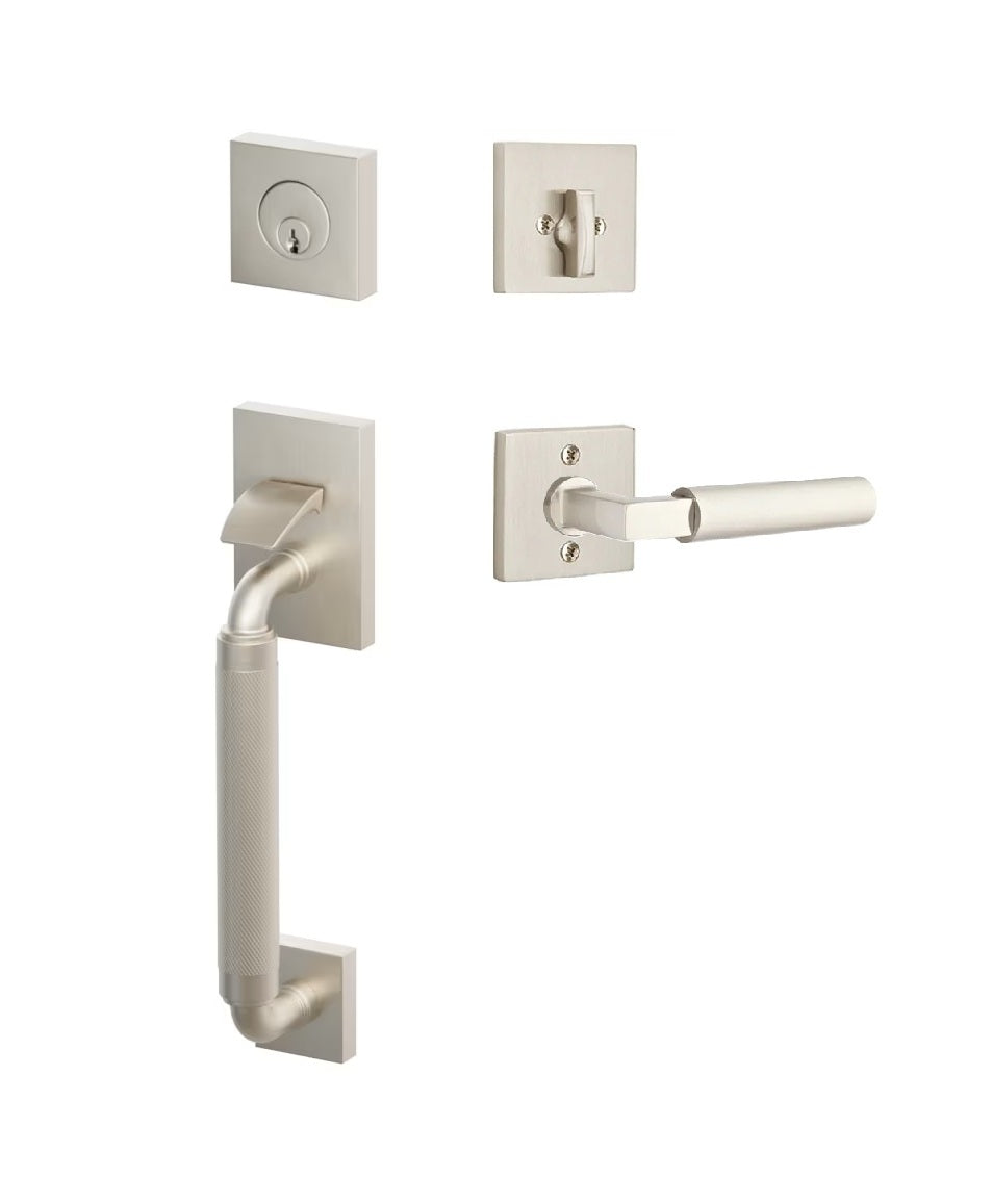Emtek SELECT R-Bar Stem, Knurled Grip Sectional Tubular Entry Set with Hercules Lever in Satin Nickel finish