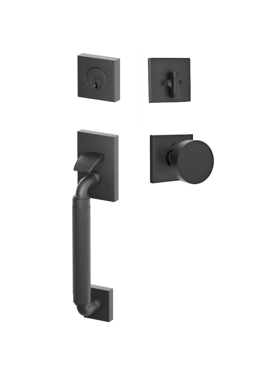 Emtek SELECT R-Bar Stem, Knurled Grip Sectional Tubular Entry Set with Round Knob in Flat Black finish