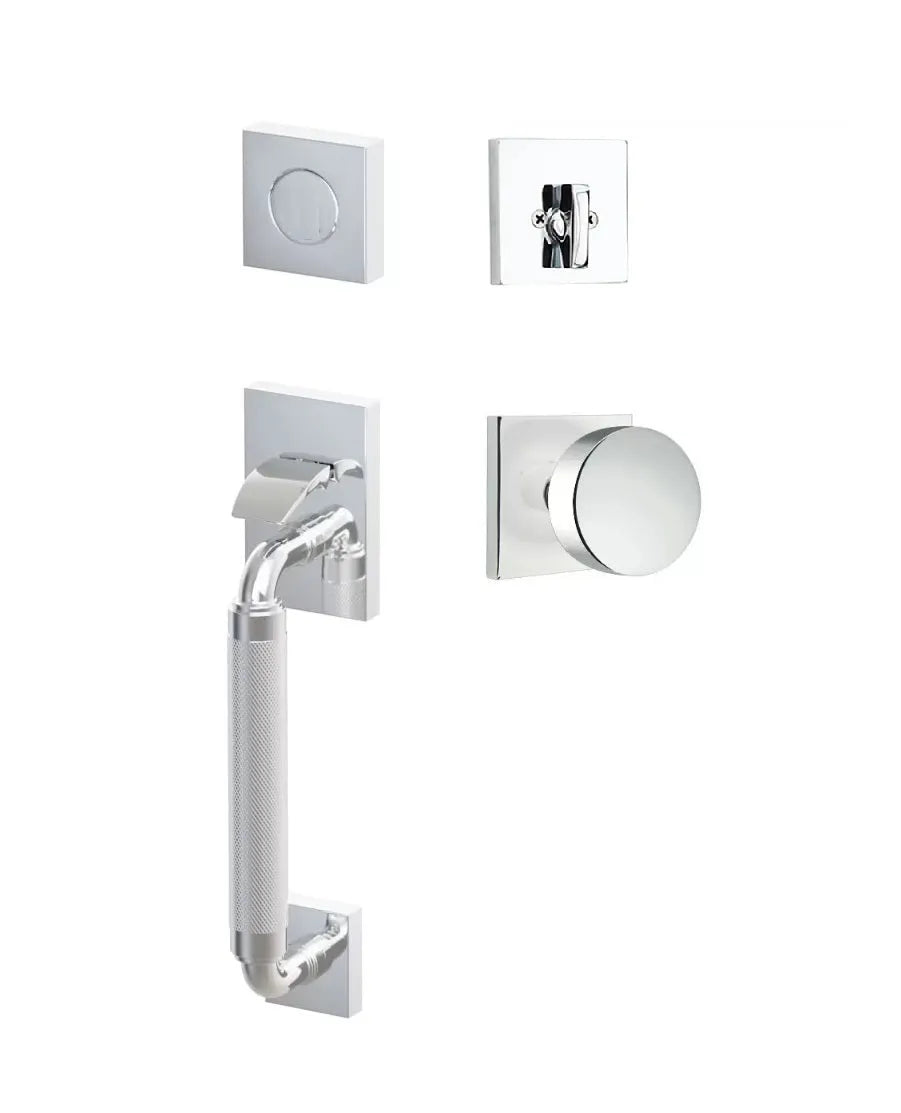 Emtek SELECT R-Bar Stem, Knurled Grip Sectional Tubular Entry Set with Round Knob in Polished Chrome finish
