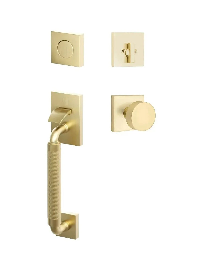 Emtek SELECT R-Bar Stem, Knurled Grip Sectional Tubular Entry Set with Round Knob in Satin Brass finish