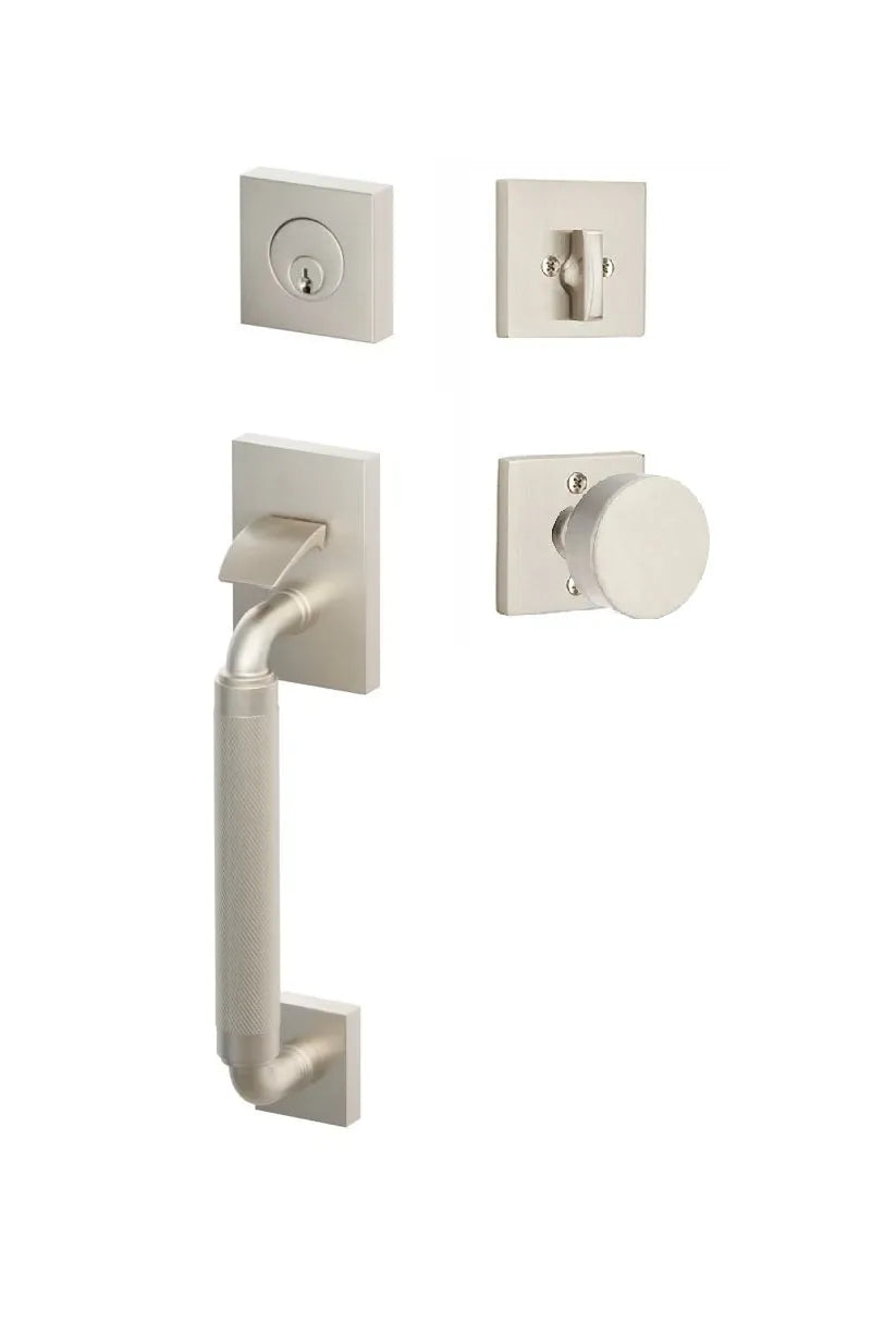 Emtek SELECT R-Bar Stem, Knurled Grip Sectional Tubular Entry Set with Round Knob in Satin Nickel finish