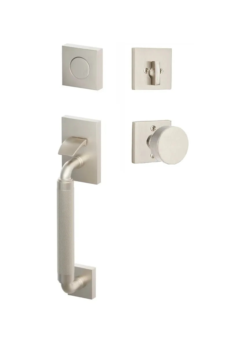 Emtek SELECT R-Bar Stem, Knurled Grip Sectional Tubular Entry Set with Round Knob in Satin Nickel finish