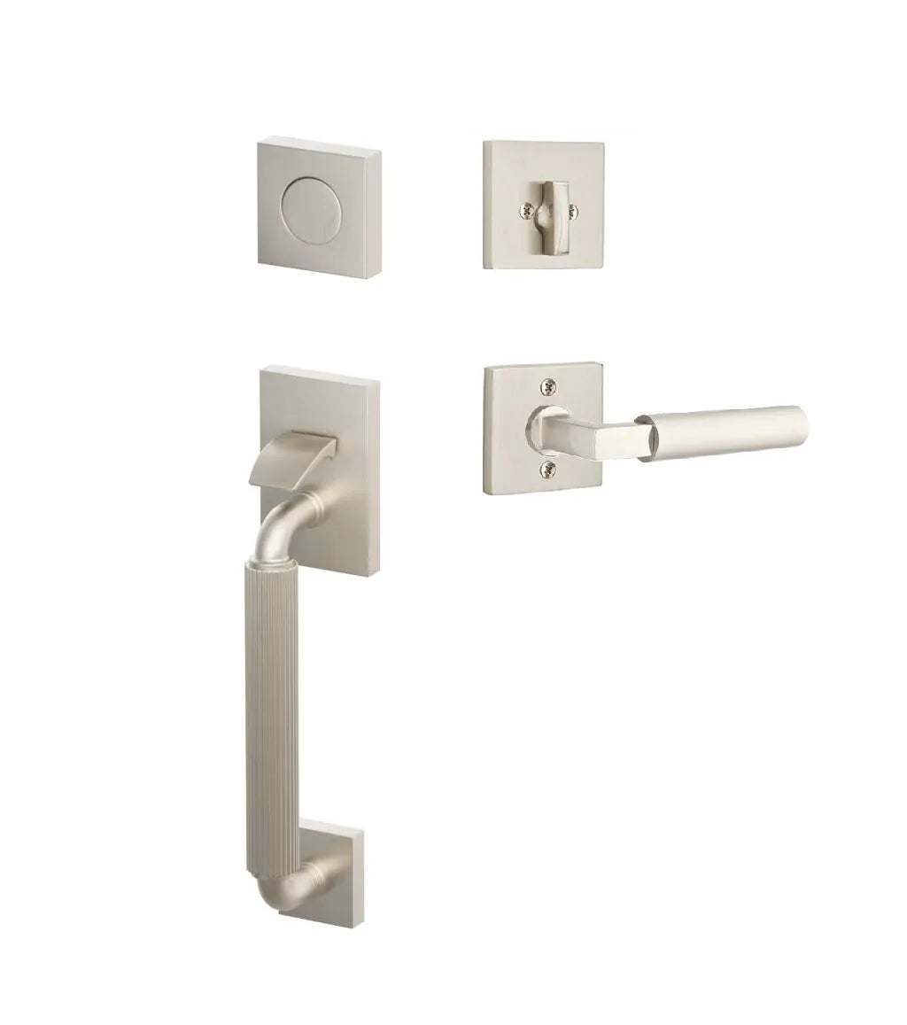Emtek SELECT R-Bar Stem, Straight Knurled Grip Sectional Tubular Entry Set with Hercules Lever in Satin Nickel finish