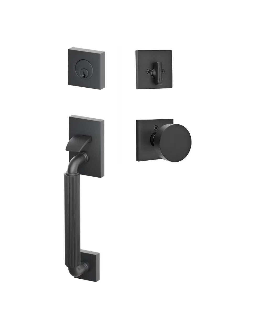Emtek SELECT R-Bar Stem, Straight Knurled Grip Sectional Tubular Entry Set with Round Knob in Flat Black finish