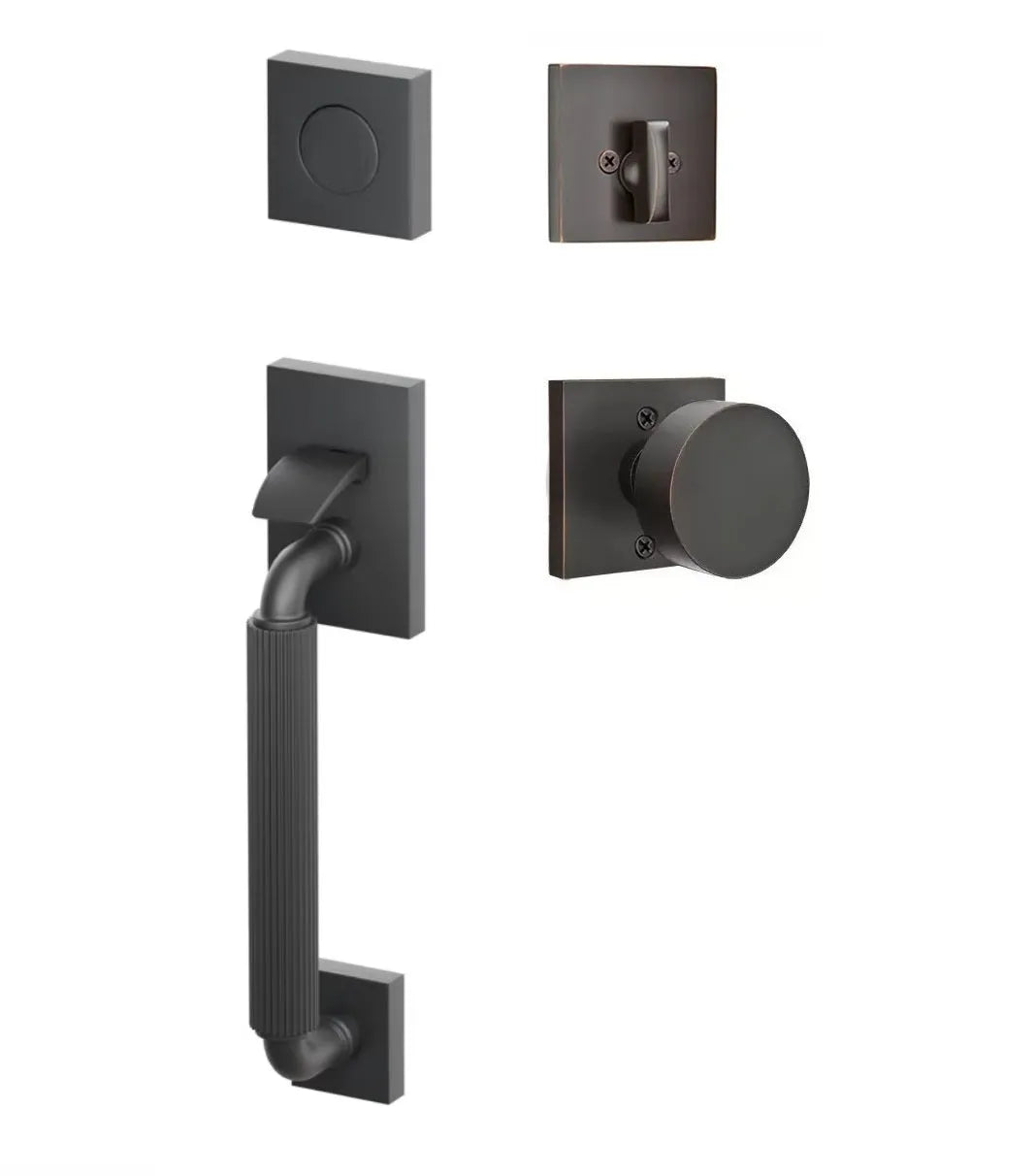 Emtek SELECT R-Bar Stem, Straight Knurled Grip Sectional Tubular Entry Set with Round Knob in Oil Rubbed Bronze finish