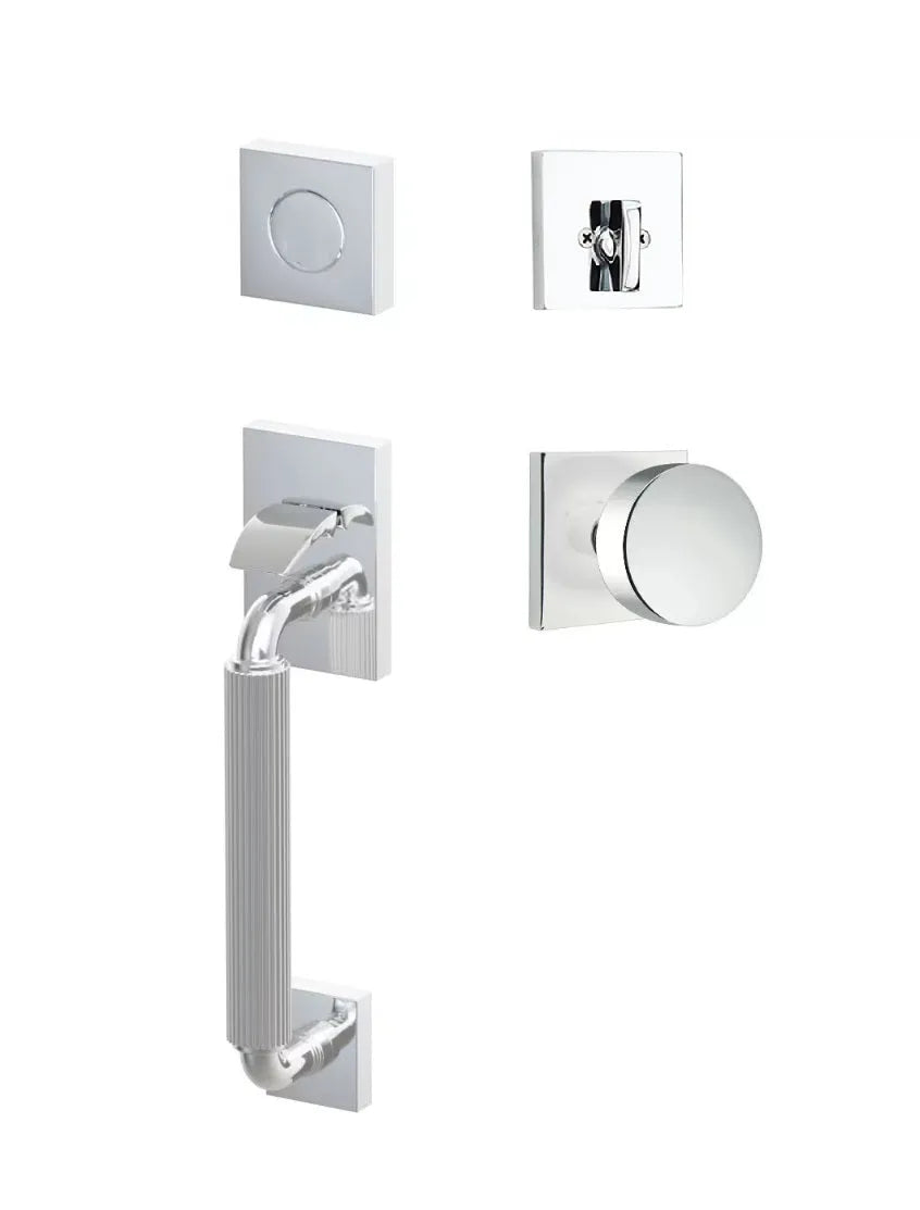 Emtek SELECT R-Bar Stem, Straight Knurled Grip Sectional Tubular Entry Set with Round Knob in Polished Chrome finish